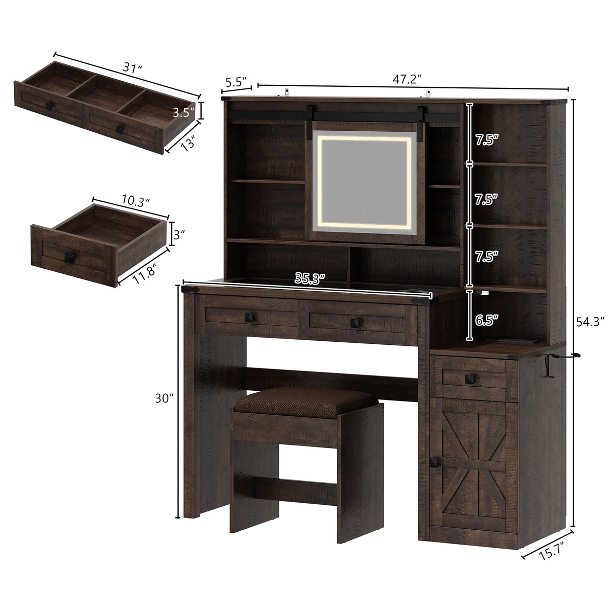 Blotout 47.2" Farmhouse Rustic Makeup Vanity Desk with Sliding Mirror and Lights, Glass Top Vanity Set with Charging Station & 3 Drawers & 1 Cabinet & Stool, Big Vanity (White)