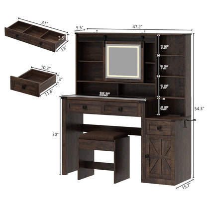 Blotout 47.2" Farmhouse Rustic Makeup Vanity Desk with Sliding Mirror and Lights, Glass Top Vanity Set with Charging Station & 3 Drawers & 1 Cabinet & Stool, Big Vanity (White)