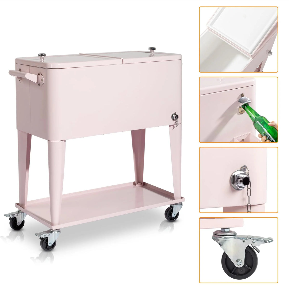 BNSPLY 80 Quart Outdoor Cooler Cart Rolling Ice Chest Cooler Cart, Portable Patio Cooler with Bottle Opener, Handles and Drainage, Standing Cooler for Patio Party, Camping and BBQ, Mint Green