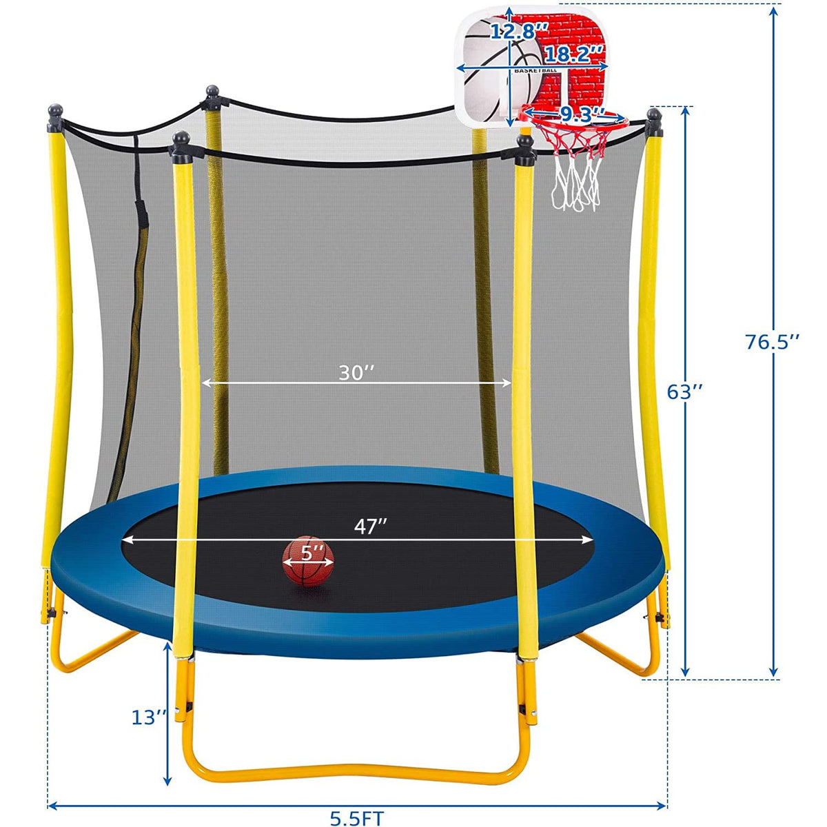 Leuco 66" Kids Trampoline with Basketball Frame, Rubber Ball and Enclosure Net, 5.5ft Mini Small Toddler Trampoline Toys for Indoor and Outdoor Use, Age for 1-8 years old