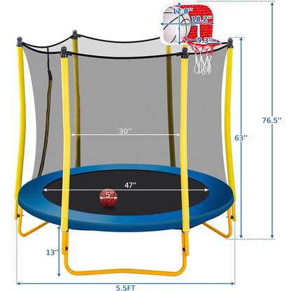 Leuco 66" Kids Trampoline with Basketball Frame, Rubber Ball and Enclosure Net, 5.5ft Mini Small Toddler Trampoline Toys for Indoor and Outdoor Use, Age for 1-8 years old