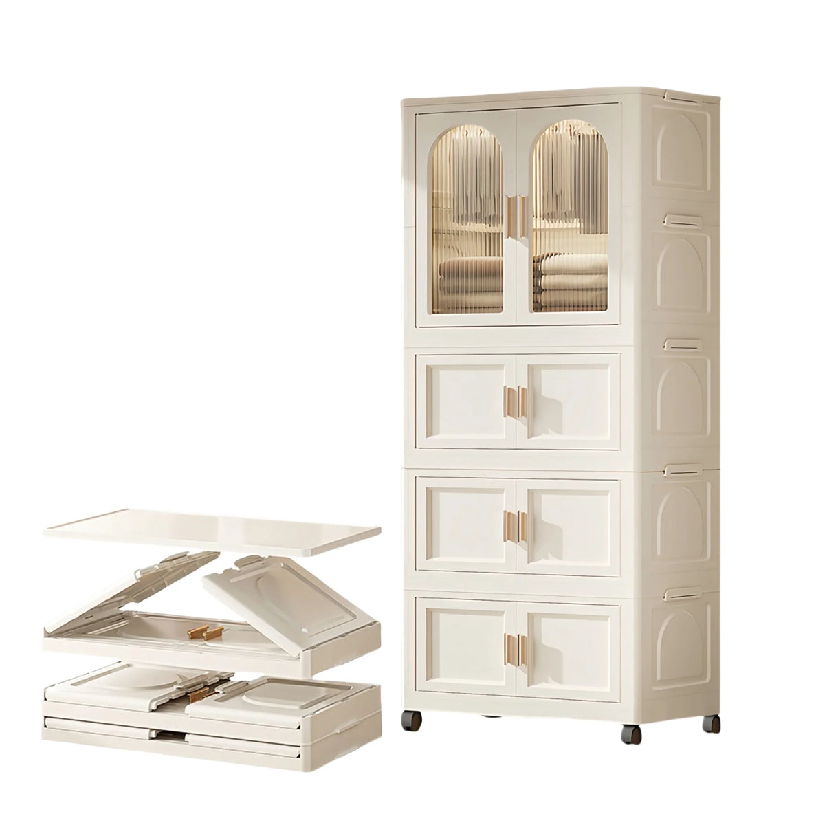 PORKISS Portable Wardrobe Closet, Folding Bedroom Armoire with Wheels, Plastic Storage Basket Can be Freely Combined (1 Layer of Wardrobe + 2 Layers of Folding Boxes+10 Hangers), Cream White-57.09"H