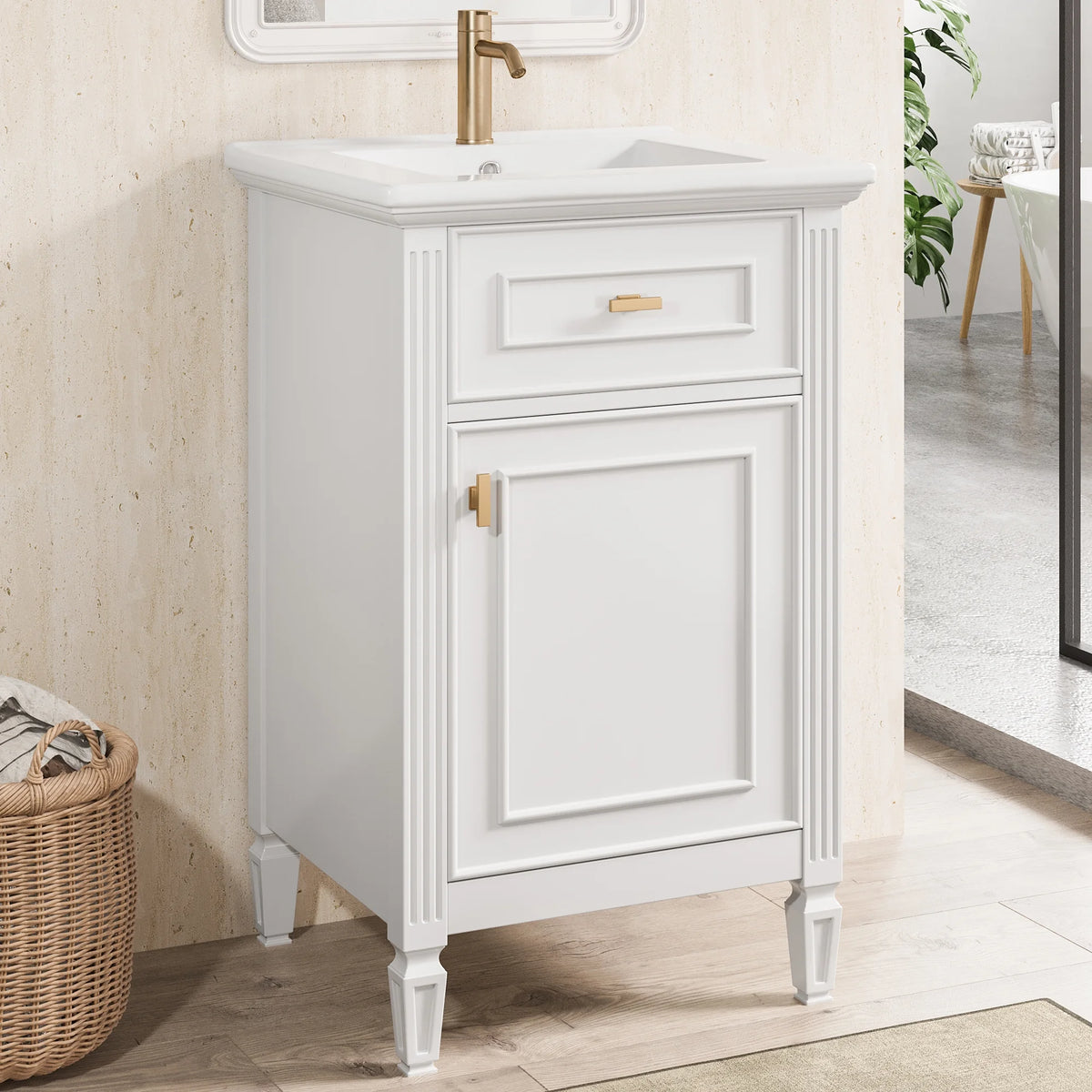 Euroco 20" Bathroom Vanity with Integrated Ceramic Sink, Soft-Close Hinges and Drawer Storage, Solid Wood Legs