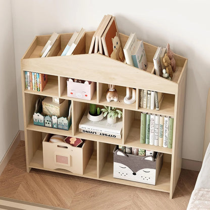 DSstyles Kids Bookshelf 9-Cubby Toy Storage Organizer White Bookcase Toddlers Playhouse Cabinet Shelf for Boys Girls Wooden Storage Toy Shelf for Playroom, Nursery, Kids Room