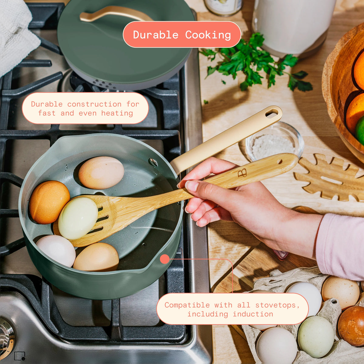 Beautiful 12pc Ceramic Non-Stick Cookware Set with Strainer Lids, White Icing by Drew Barrymore