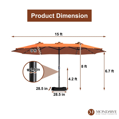 Mondawe 15ft Patio Umbrella Rectangular Outdoor Market Umbrella with Base and LED Lights Beige