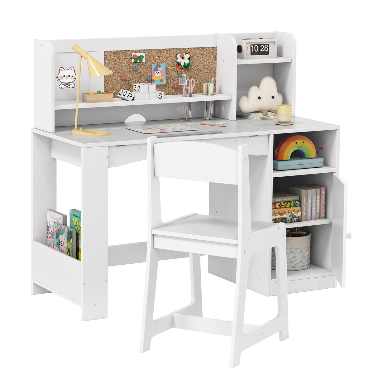 Reasea Kids Study Desk and Chair Set with Tiltable Desktop, Hutch & Storage - Wooden Writing Table for Ages 5-12,White