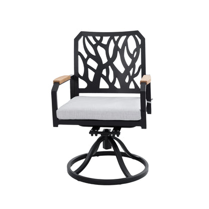 Outdoor Patio K/D Aluminum Stationary Dining Chairs 2PCS with Outdoor-grade Sunbrella Fabric Cushions, Branch-Like Backrest ,FSC-Certified Wood Armrests, Bourbon Brown