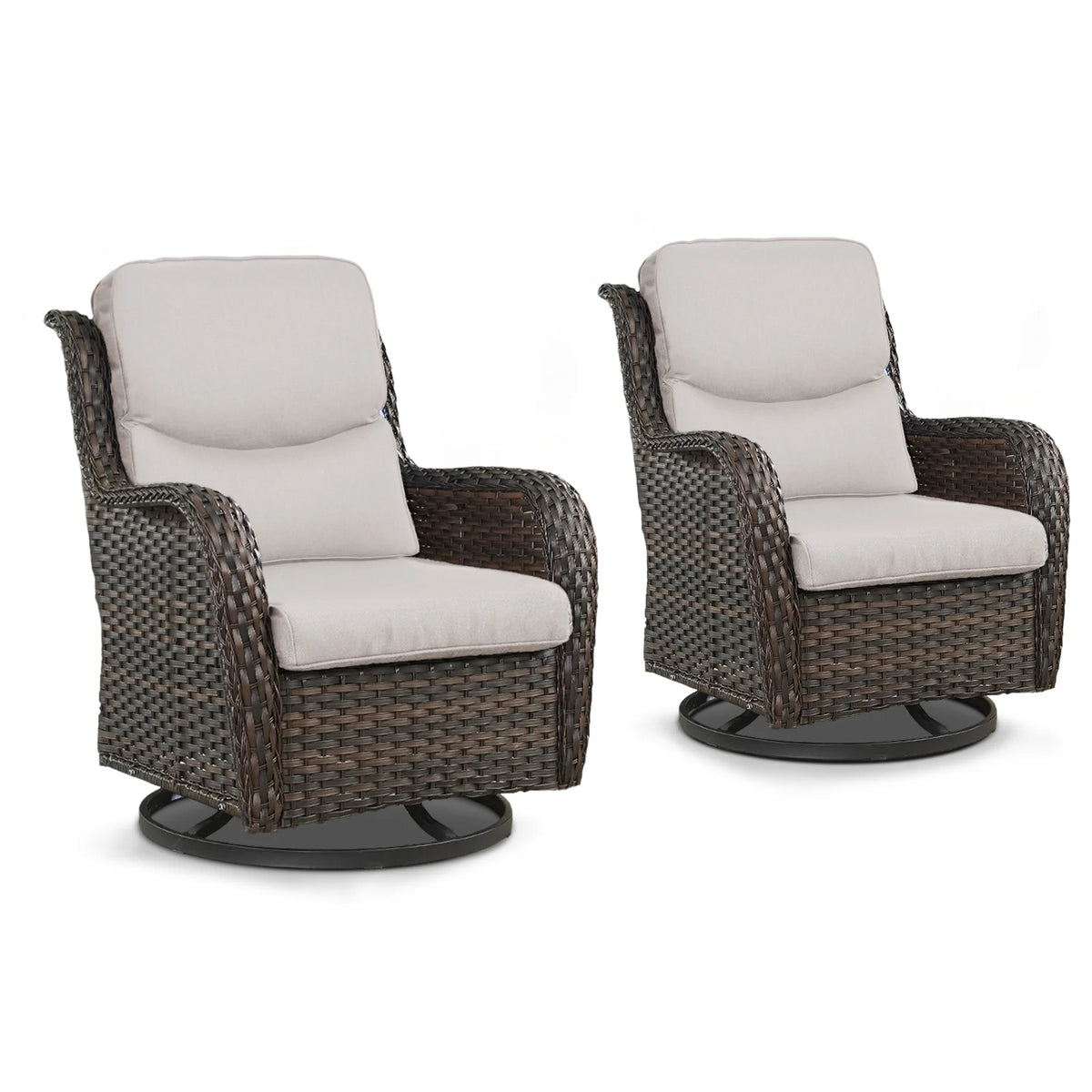 POCASSY Patio Swivel Chairs, Outdoor Wicker Swivel Glider Rocking Chairs with High Back and Thick Cushions for Porch Deck - Set of 2, Beige
