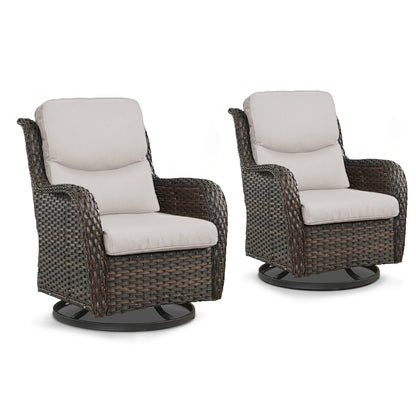POCASSY Patio Swivel Chairs, Outdoor Wicker Swivel Glider Rocking Chairs with High Back and Thick Cushions for Porch Deck - Set of 2, Beige