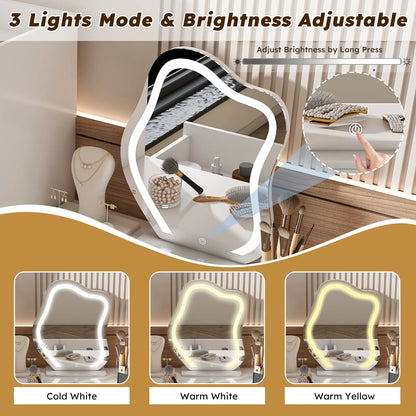 Montary Modern Mini Vanity w/Adjustable LED Mirror + Hidden Storage, Padded Stool & Dustproof Shelves (White)