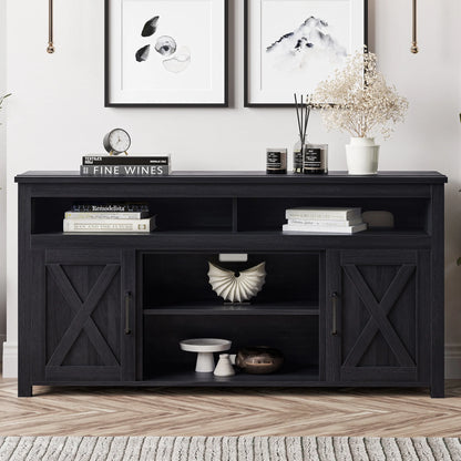 BELLEZE 58 Inch TV Stand, Contemporary Entertainment Center for TVs up to 65", Wood Media Console Table with Two Open Shelves and Barn Door Cabinets - Corin (White)