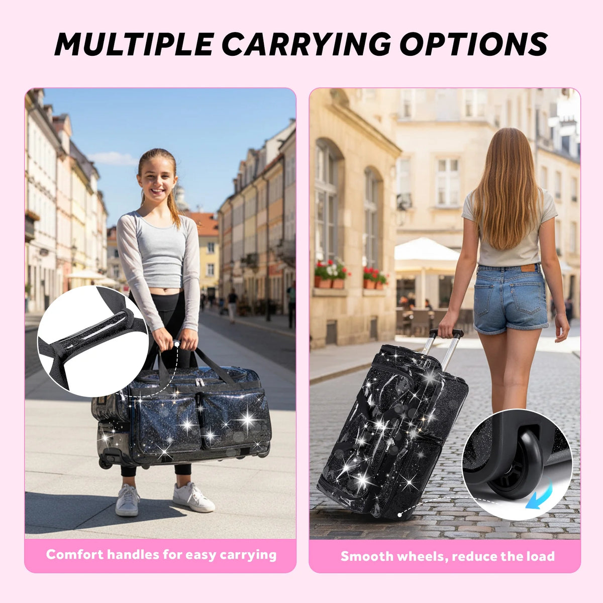 Dance Bag with Garment Rack,23"Glitter Rolling Dance Competition Bag with Organizer Bag, Collapsible Dance Travel Bag Suitcase for Dancers Performer Artist,Pink