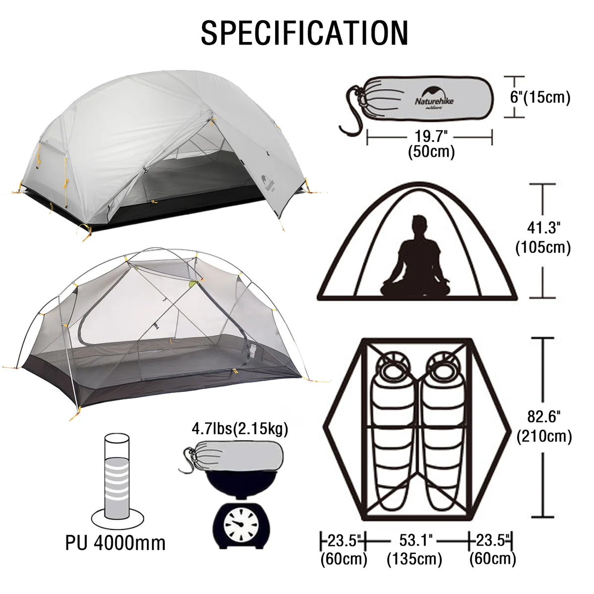 Naturehike Mongar Backpacking Camping Tent 2 Person Lightweight Waterproof with Footprint