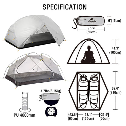Naturehike Mongar Backpacking Camping Tent 2 Person Lightweight Waterproof with Footprint