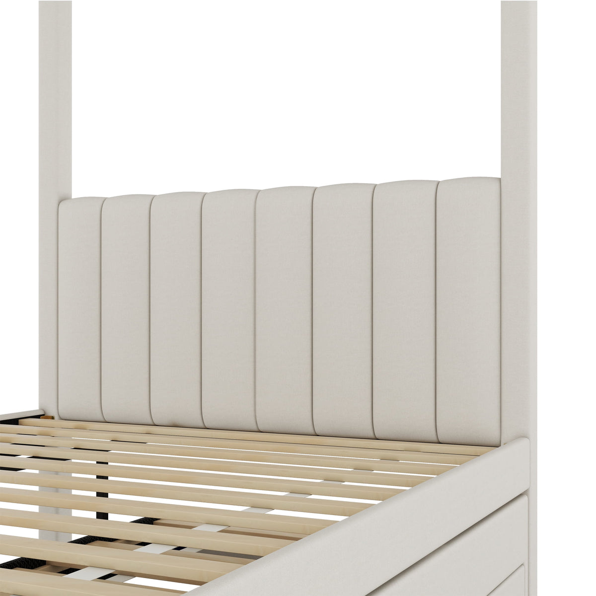 EUROCO Upholstered Full Size Canopy Bed Frame with Trundle Bed and 3 Drawers, Platform Bed with Headboard for Kids Teens Adults, Beige