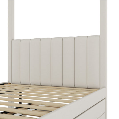EUROCO Upholstered Full Size Canopy Bed Frame with Trundle Bed and 3 Drawers, Platform Bed with Headboard for Kids Teens Adults, Beige