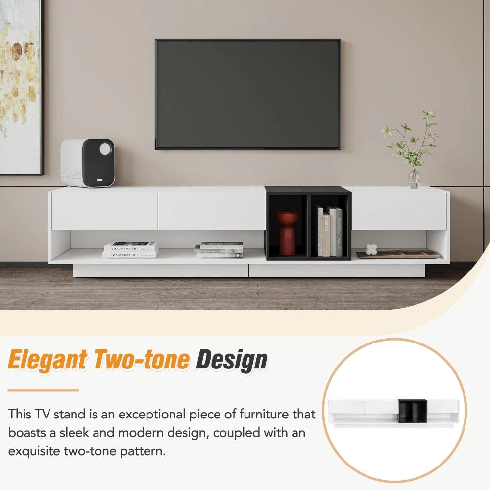 Modern TV Stand for 80 Inch TV, ON-TREND Sleek Two-Tone Media Console, Functional Storage Cabinet with Open & Hidden Compartments, Particle Board, Living Room Furniture, White