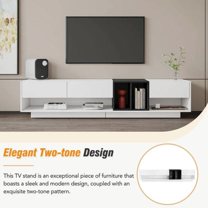 Modern TV Stand for 80 Inch TV, ON-TREND Sleek Two-Tone Media Console, Functional Storage Cabinet with Open & Hidden Compartments, Particle Board, Living Room Furniture, White