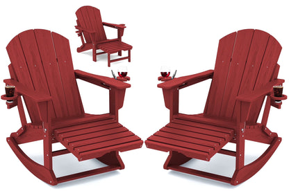 KINGYES Folding Adirondack Rocker Chair Set of 2 W/ Footrest & Dual Cup Holders, HDPE Outdoor Patio Rocking Chair, Black