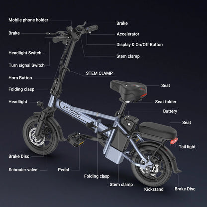 AOVOPRO EB60 Electric Bike 500W 48V, 14' Mini Ebike for City Commuter, Folding Electric Bicycle for Adult with Two Seats UL2849