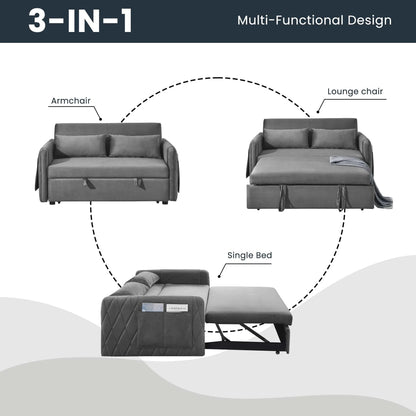 Momspeace 55" Modern Velvet Pull Out Sofa Bed Loveseat Lounge Chaise,Sleeper Sofa Bed with Adjustable Backrest 2 Detachable Arm Pockets - Gray