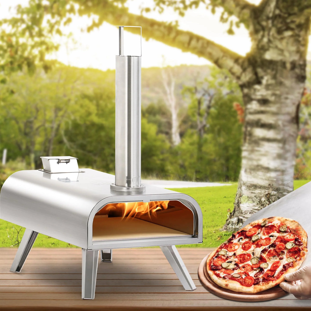 BIG HORN OUTDOORS 16 Inch Pellet Pizza Oven Outdoor, Wood Pellet Pizza Stove with Pizza Stone for Backyard, Camping, Silver