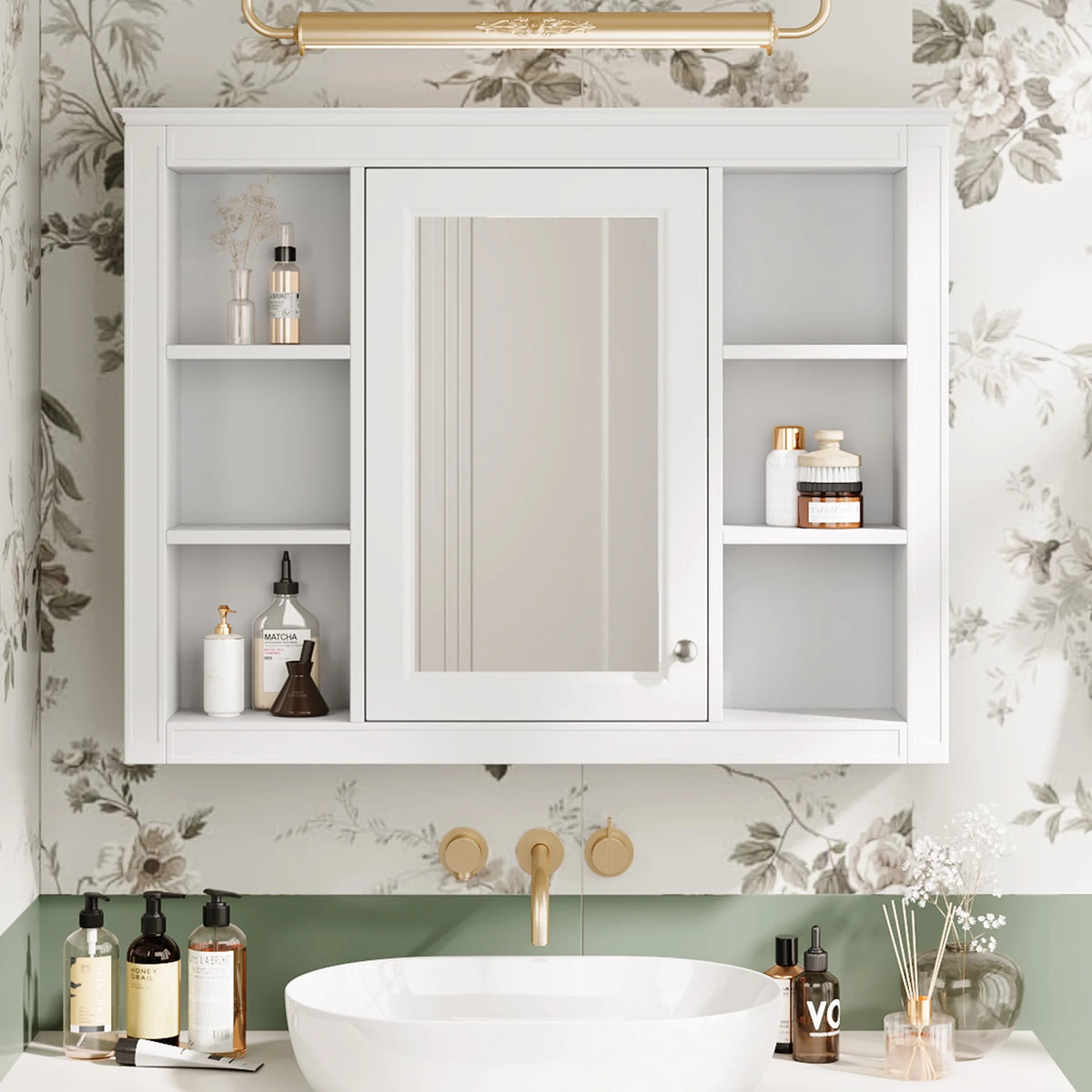 Furvclv Bathroom Wall Mirror Cabinet Modern Wall Mounted Cabinet Storage Organizer With Single Mirror Door 6 Open Shelves