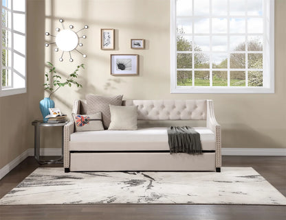 Daybed with Trundle, Twin Size Velvet Upholstered Daybed Frame with Tufted Button Back & Copper Nail on Arms, Wood Sofa Bed Frame for Living Room Bedroom, No Box Spring Needed, Grey