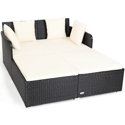 Costway Outdoor Patio Rattan Daybed Pillows Cushioned Sofa Furniture Beige