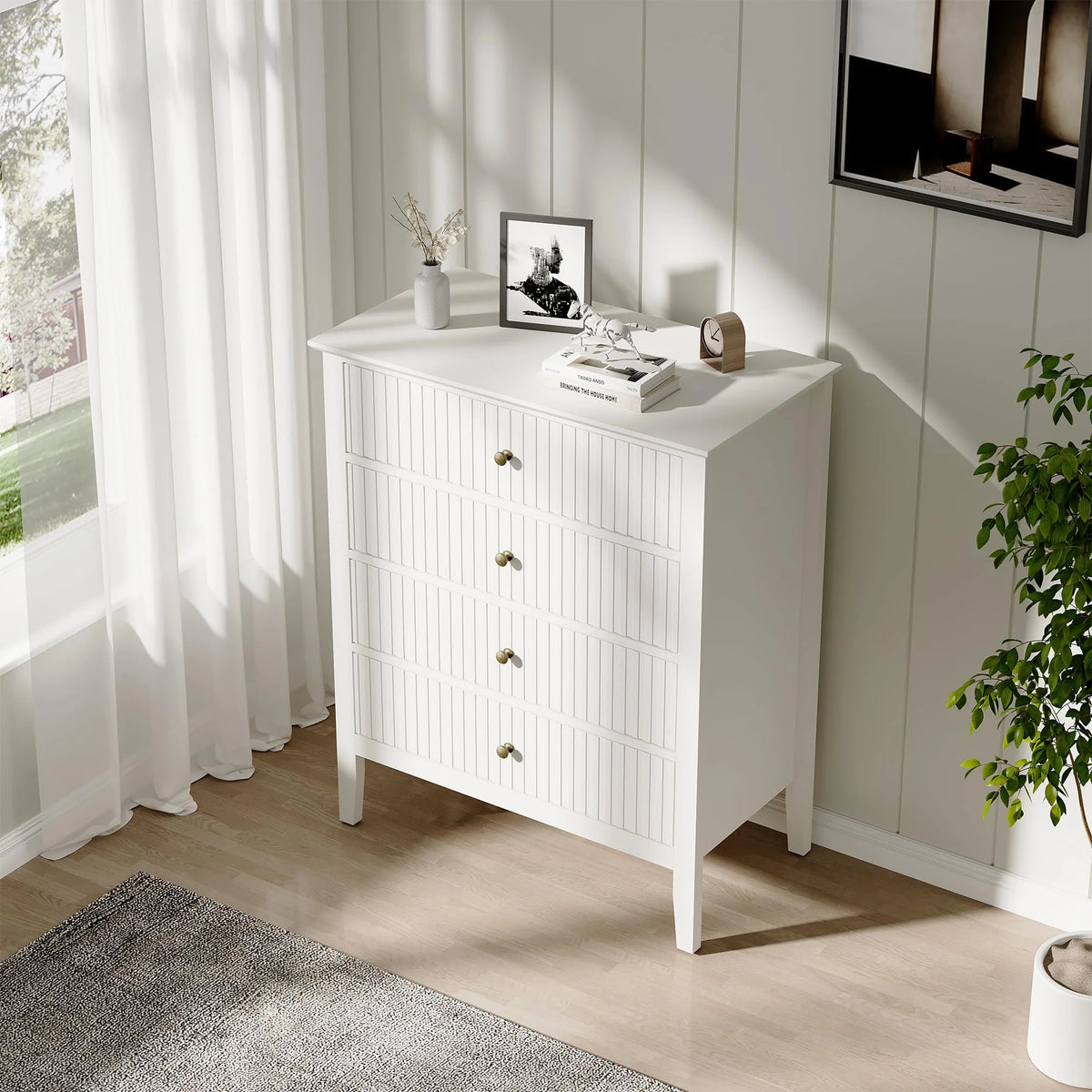 Heynemo Beige 6 Drawer Dresser, Fluted Modern Wood Chest