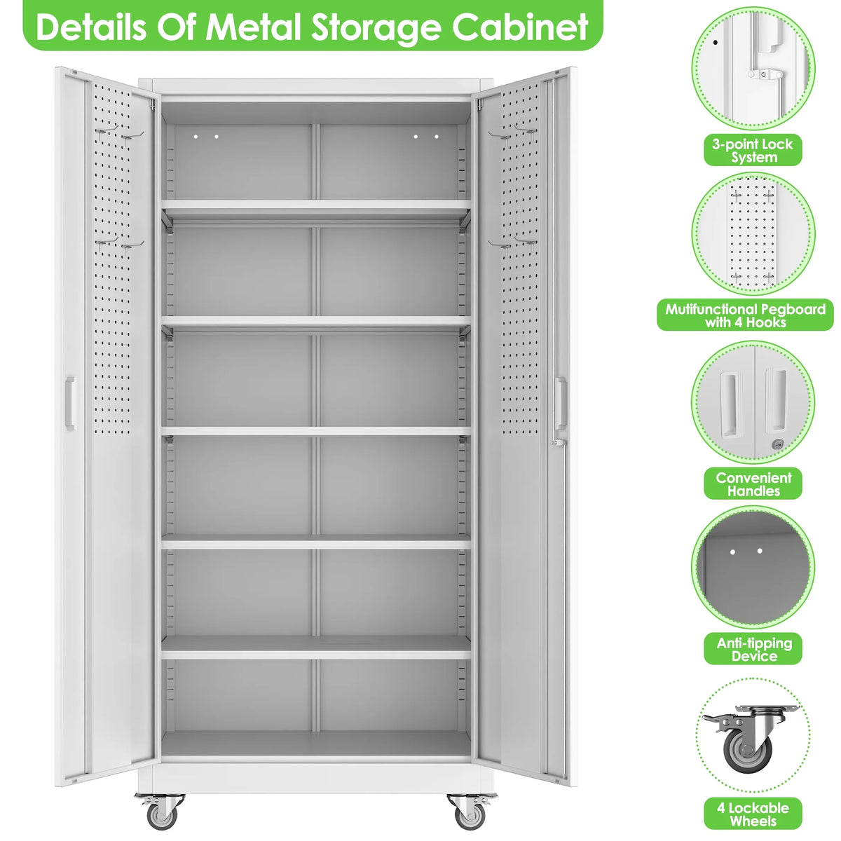 SUPEER Metal Rolling Storage Cabinets with Locking Doors and 5 Adjustable Shelves, Steel Garage Storage Cabinet for Garage, Office, Classroom, Assemble Required(Black)