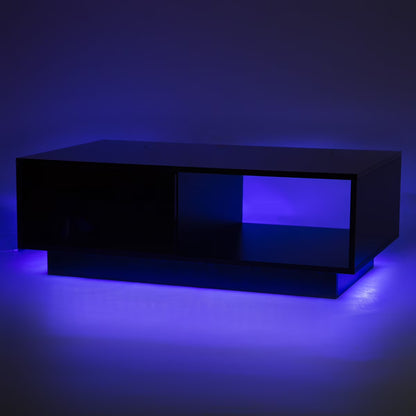Hommpa LED Coffee Table Modern Side Tables High Gloss Black Cocktail Table with 2 Drawers Open Shelf for Living Room