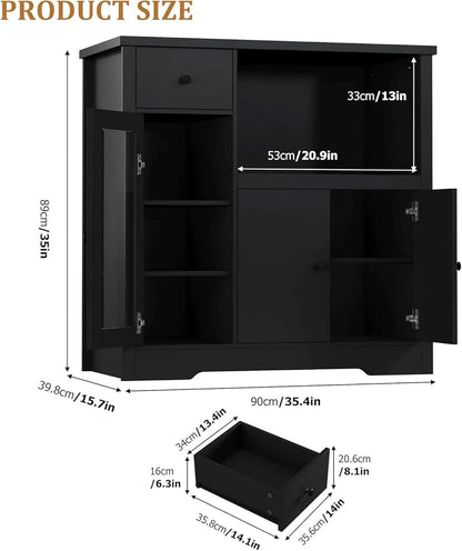 Kitchen Microwave Cabinet with Storage,Buffet Sideboard with 3 Doors, 1 Drawer & Adjustable Shelves, Pantry Storage Cabinet, White
