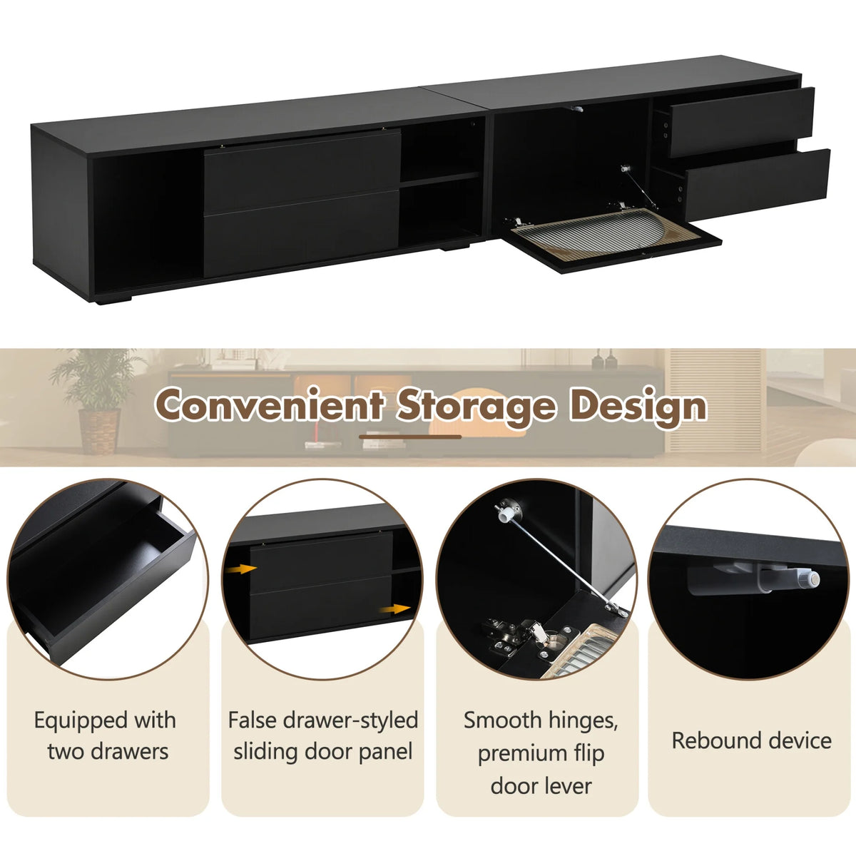 2-in-1 TV Stand for TVs up to 100", Entertainment Center with LED Light and 2 Drawers, Free-Combination TV Console Table with Sliding Door for Living Room, Black