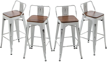 Andeworld Bar Stools Set of 4 Counter Height Stools Industrial Metal Barstools with Wooden Seats( 24 Inch, Distressed White )
