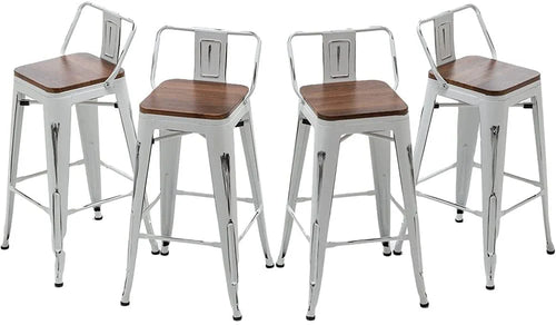 Andeworld Bar Stools Set of 4 Counter Height Stools Industrial Metal Barstools with Wooden Seats( 24 Inch, Distressed White )