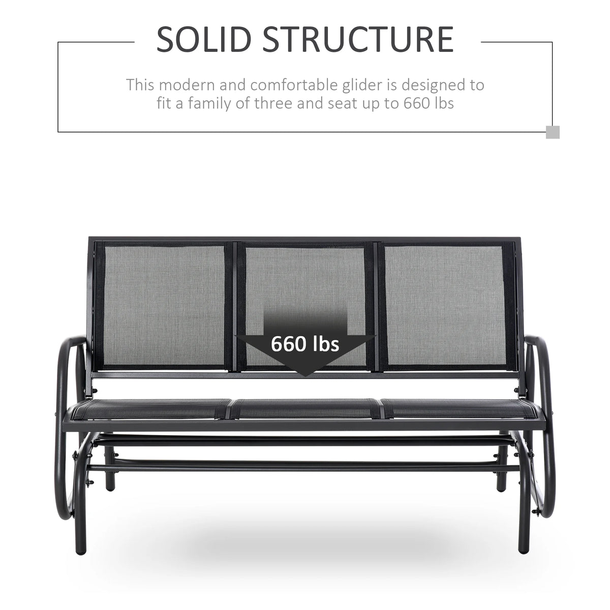 Outsunny Patio Glider Bench, Outdoor Porch Glider Swing with 3 Seats, Breathable Mesh Fabric, Metal Frame, Black