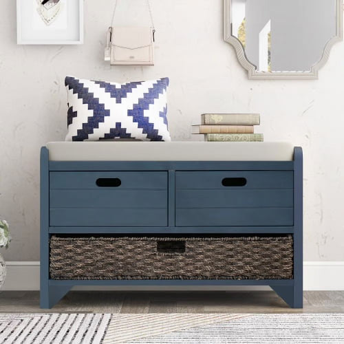 Solid Wood Storage Bench, Narrow Entryway Bench with 2 Drawers and Removable Basket, Classic Accent Shoe Bench with Storage and Removable Cushion for Hallway Living Room, Fully Assembled, Navy