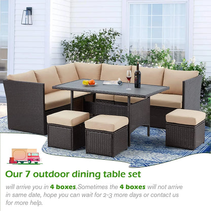 AECOJOY 7 Piece Patio Furniture Set PE Rattan Outdoor Dining Set Sectional Sofa Couch with Table Patio Conversation Set in Gray