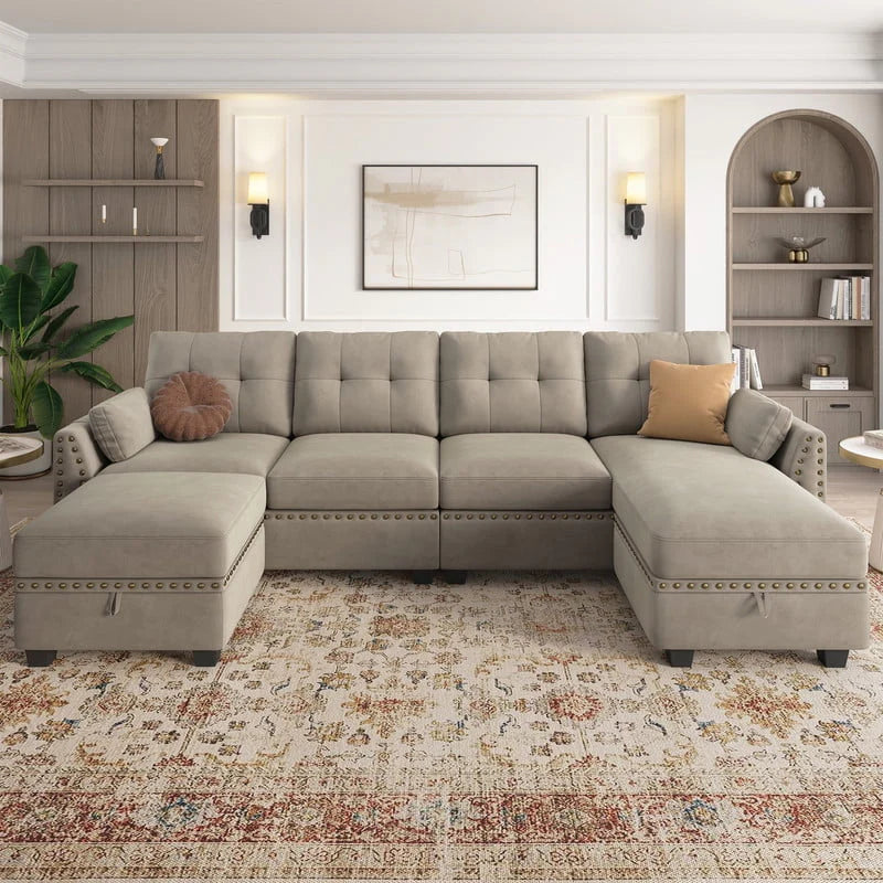 HONBAY Modern Velvet Sofas Set with Storage Ottoman Sectional Sofa in Peal Grey