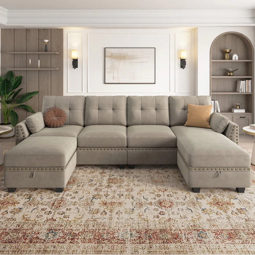 HONBAY Modern Velvet Sofas Set with Storage Ottoman Sectional Sofa in Peal Grey