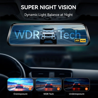 WolfBox 10" Touch Screen Dash Cam Front and Rear, 4K+1080P Rear View Mirror Backup Car Camera with Night Vision, GPS, Free 64GB Card