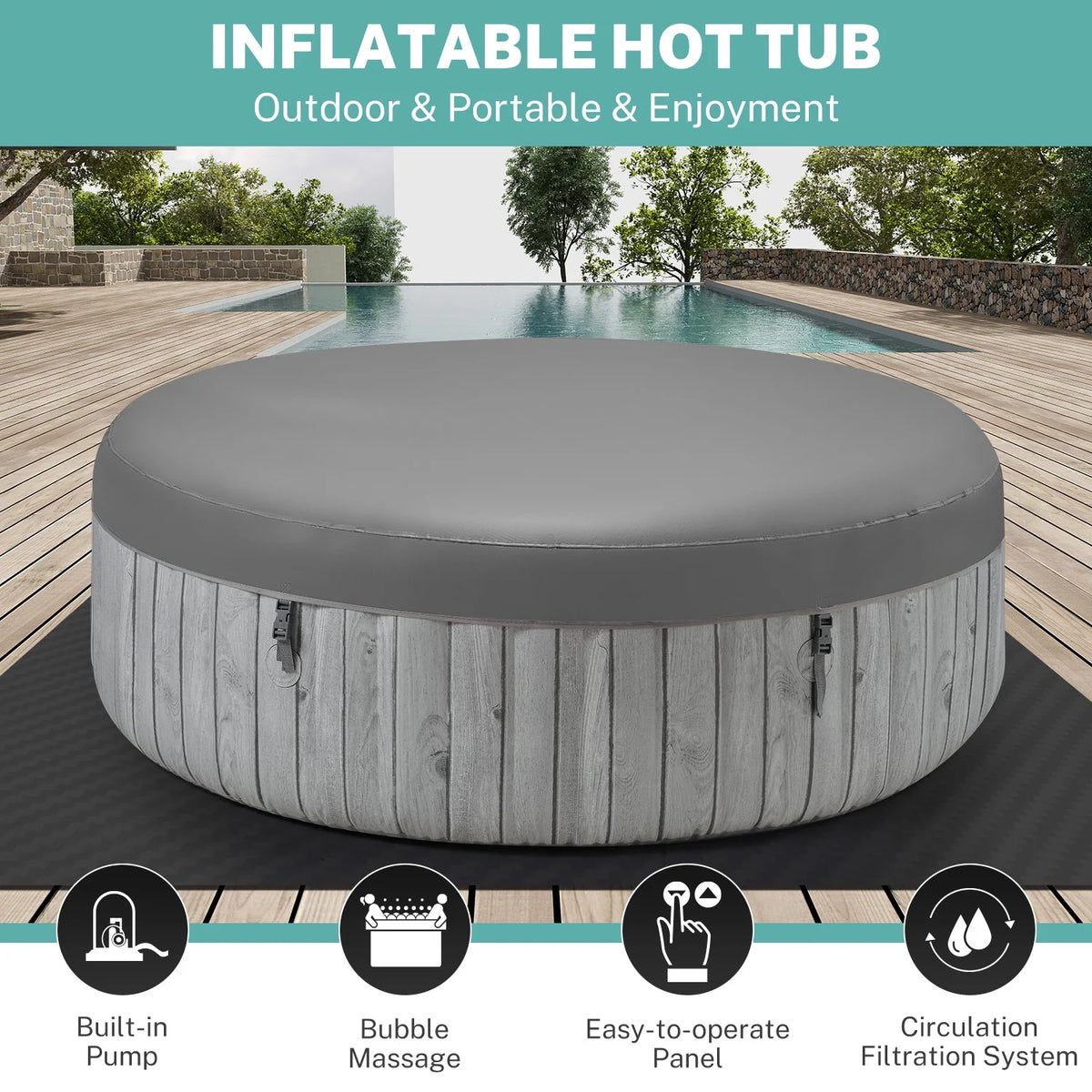82'' Inflatable Hot Tub, Portable Hot Tub for Home Spa, Outdoor Round Hot Tub W/130pcs Jets, 6 Person Inflatable Pool with Heating, 4 Filters, 2 Cup Holders