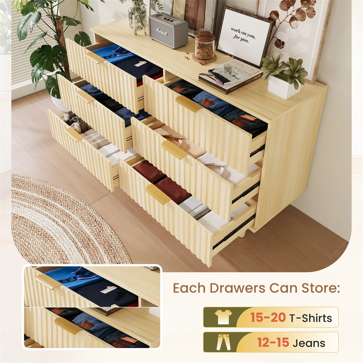 Planntonneo Boho Fluted 6 Drawer Dresser, Wooden Chests for Bedroom