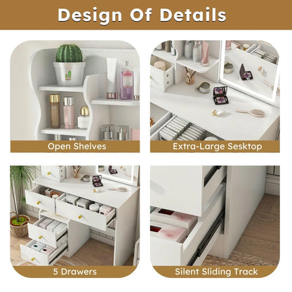 Kadyn Vanity Desk with Lighted Mirror, Vanity Table and Chair Set with 2 Drawers, Dressing Table Makeup Desk with 1 Door, Retro Gray