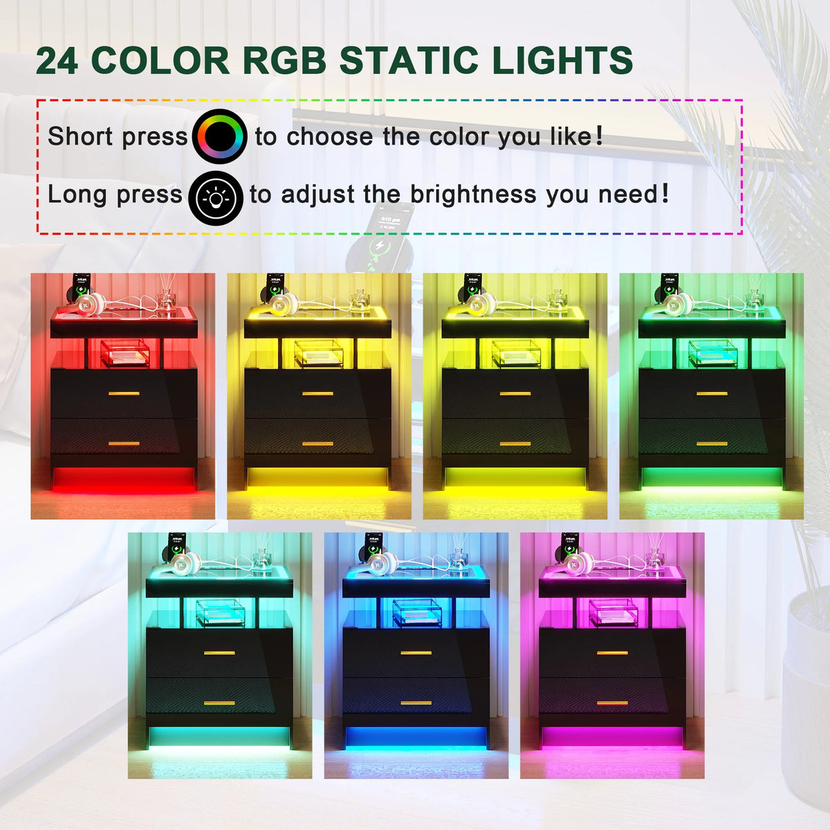 HNEBC RGB LED Nightstand with Wireless Charging Station & USB Ports, High Gloss Smart Night Stand with Drawer and Dynamic Lighting, Modern Bedside Tables for Bedroom, End Table
