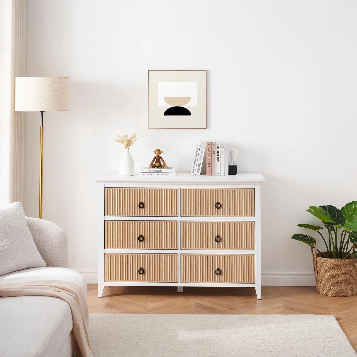 Homhougo White Dresser for Bedroom 6 Drawer, Wood Organizer Storage Cabinet with Gray Strip Drawer Door, Chest of Drawers for Closet, Living Room, Hallway, Nursery, Kids Bedroom