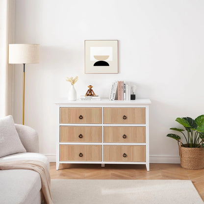 Homhougo White Dresser for Bedroom 6 Drawer, Wood Organizer Storage Cabinet with Gray Strip Drawer Door, Chest of Drawers for Closet, Living Room, Hallway, Nursery, Kids Bedroom