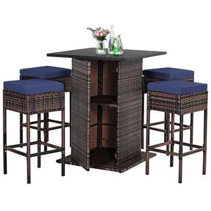 Kadyn Patio Conversation Table Chair Set, Outdoor Collection Set, 5 Pieces Patio Rattan Bar Table Stool Set Hidden Storage Shelf Cushioned-Navy